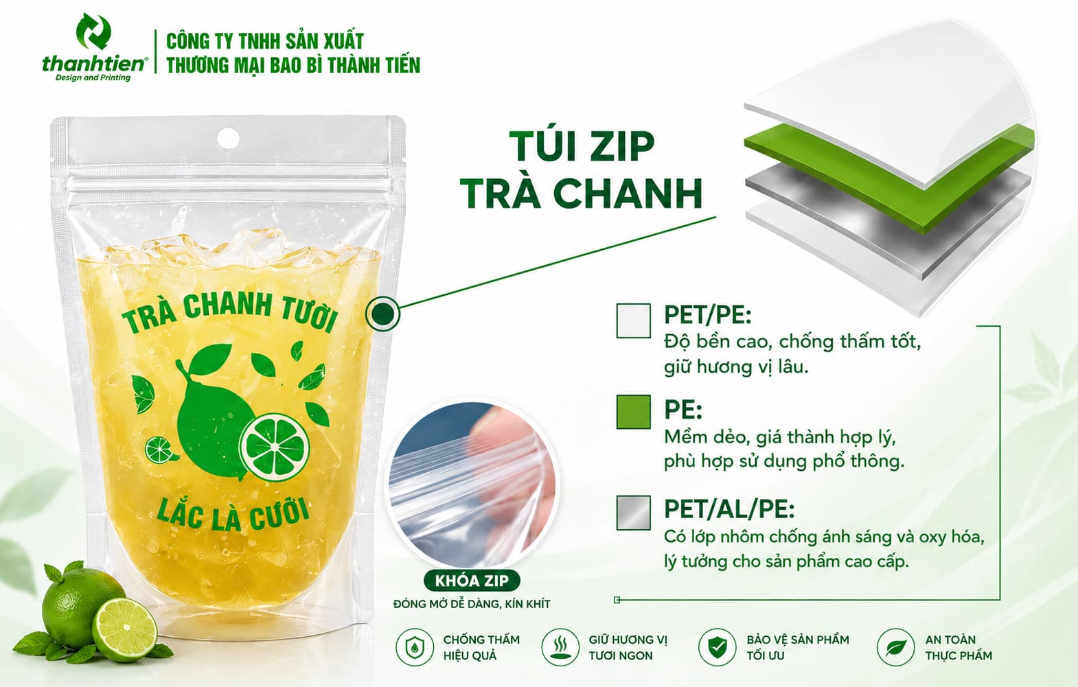 Cấu tạo chi tiết sản phẩm túi zip trà chanh, trà sữa
