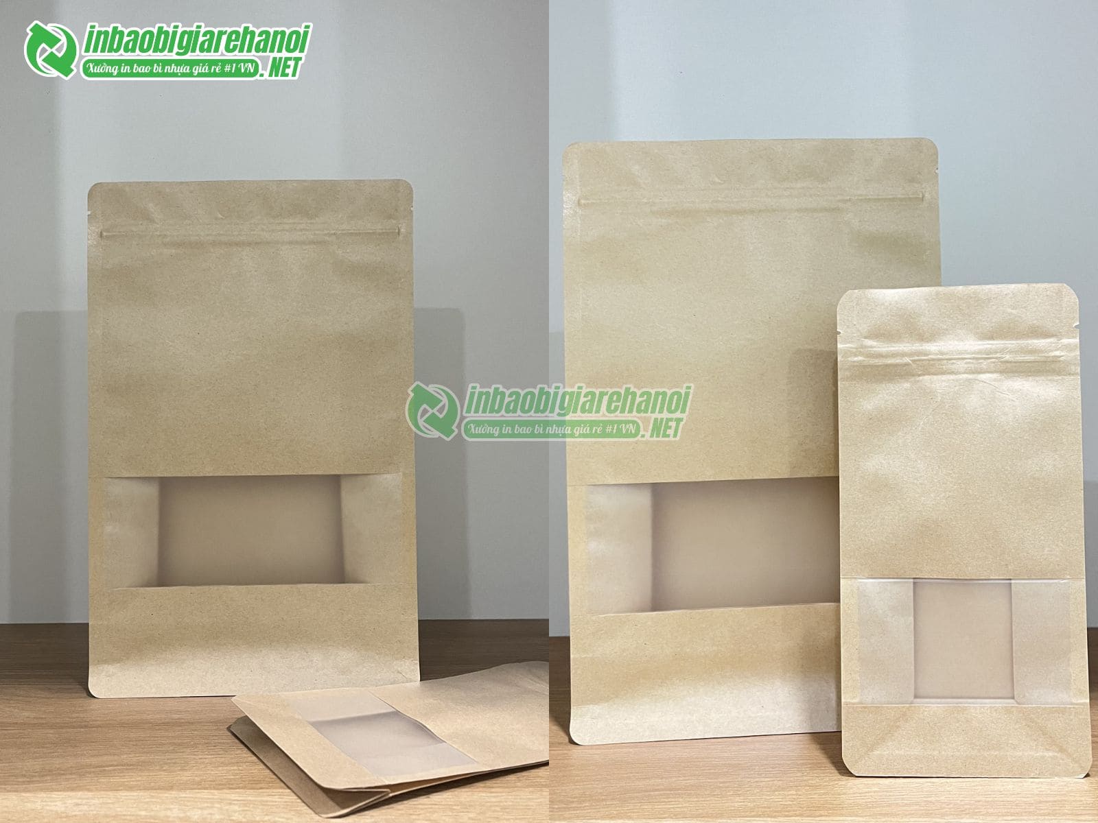 Bao bì túi zip giấy kraft có cửa sổ đáy vuông