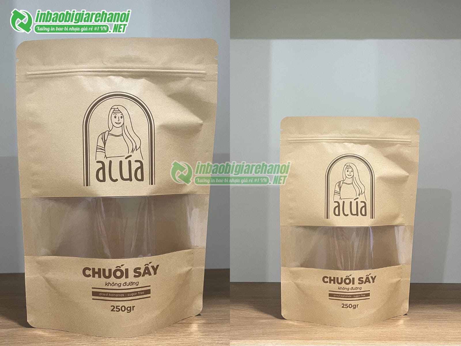 Túi zipper giấy có cửa sổ tràn đựng chuối sấy, thực phẩm
